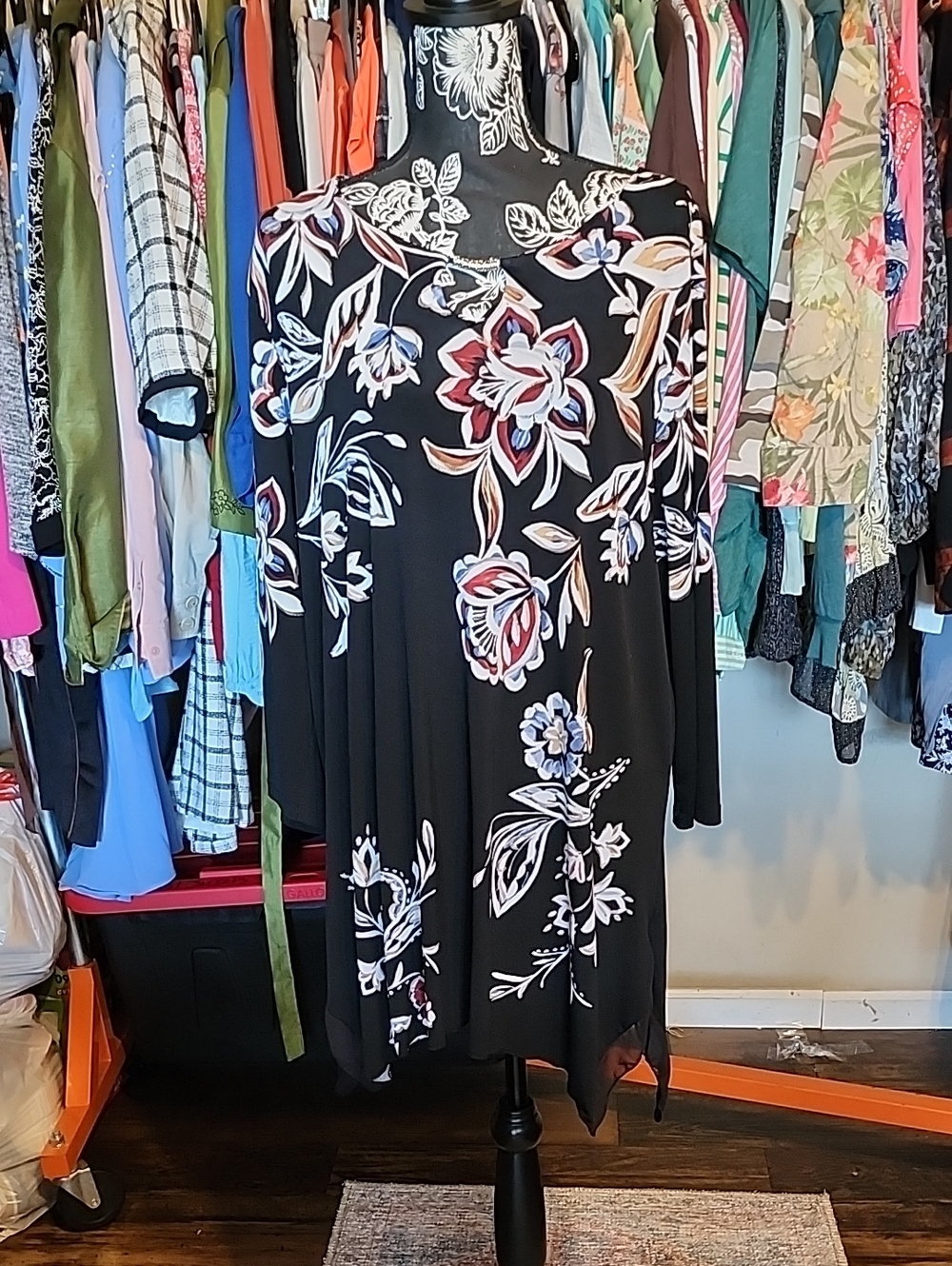 JM Collection Black Floral A-Line Skirt with White, Pink and Blue Accents